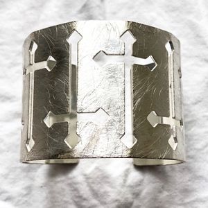 Silver textured metal cuff with cross cutouts